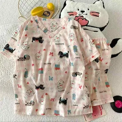 少女 パジャマ レディース 春夏 接触冷感 綿素材 短袖 短パン Vネック かわいい カードプリント ゆったり ルームウェア セット 軽量 吸湿速乾 ピンク系 アイボリー 夏向け 室内着 通勤後 リラックス 普段使い
