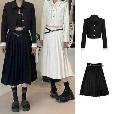 薄手 羊毛 フェイクツーピース 蝶結び ショート ジャケット 小香風 プリーツ スカート おしゃれ セットアップ 女性用 普段使い 通勤用 軽量 高級感 再生繊維 アイボリー 秋冬 ゆったり 体型カバー 体系カバー