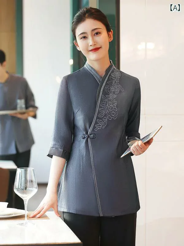 制服 レディース 夏 中袖 プリント柄 ホテル レストラン 中華風 高級感 飲食店用 サービススタッフ 軽量 吸湿速乾 通勤 通年対応