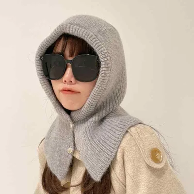 ニット帽 女性用 冬 韓国 フード付き 暖か バラクラバ型 マフラー 二用一体 ウール 保暖 伸縮性