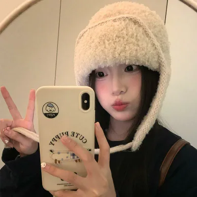 Women's Hat, Autumn/Winter, Knitted Hat with Ears, Warmth, Cold Protection, Thickened, Fleece Lining, Warm, Wool, Soft, Heat Retention, Daily Use