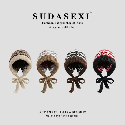 Cold Protection Women's Autumn/Winter Thick Knit Hat Balaclava Hat Thermal Earmuffs with Strings Wool Warm Soft Stretchy