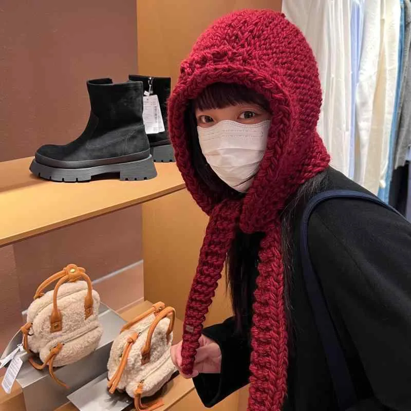 バラクラバ帽 耳当て付き 帽子マフラー一体 ウール 粗編み 手編み 暖か素材 保暖性 秋冬用 ニット フェルト調 防寒 普段使い 軽量 伸縮性