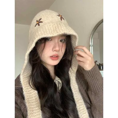 レディース ニット帽 耳あて付き レトロ 小花柄 かわいい 保暖 秋冬 毛糸 暖か プルオーバー ビーニー キュート 女性用 ヘッドウェア