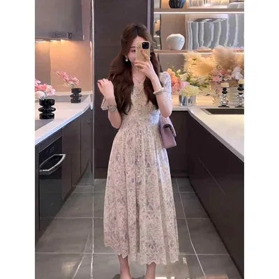 ワンピース レディース 紫 小花柄 Vネック 収腰 ロング丈 夏用 高級感 軽量 伸縮性 フラワープリント ウエストシェイプ スタイリッシュ ドレス フェミニン シルエット