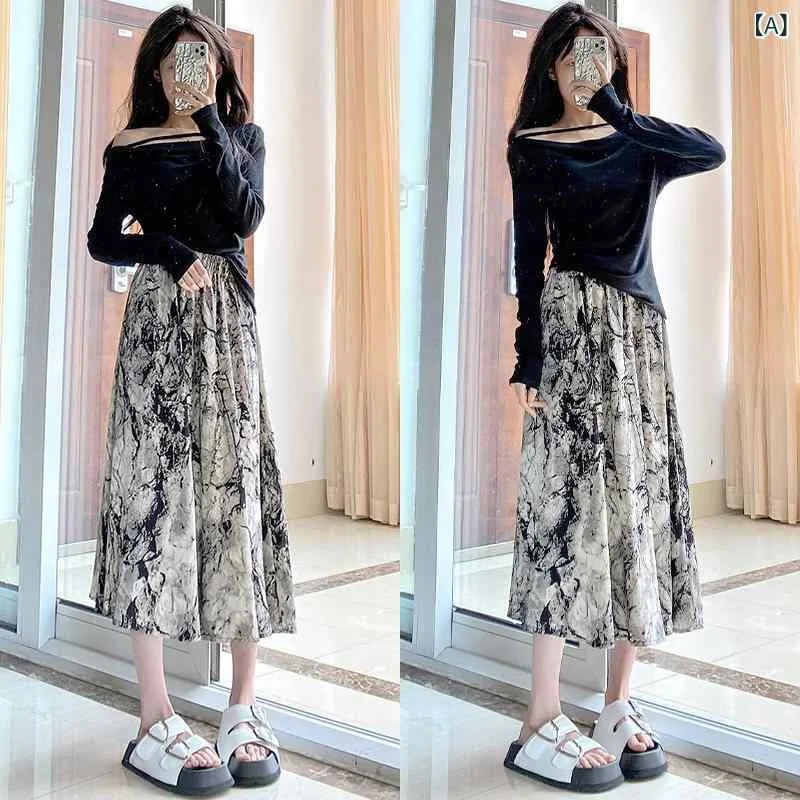 レディース スカート 夏 ロング ハイウエスト Aライン スリム フレンチ シフォン 小花柄 レトロ カジュアル 薄手 軽量 通気性 普段使い エレガント ミディ丈 膝下 花柄 涼しい 女性用 ファッション