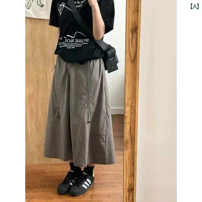 レディース スカート 夏 ビッグサイズ ハイウエスト Aライン フレア レトロ アメリカン ワーク スタイル ドローストリング 調整 ヒップ カバー カジュアル 普段使い 軽量 素材 伸縮性
