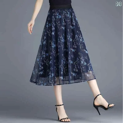 スカート レディース 薄手 夏用 レース Aライン フレア ミドル丈 ブルー 軽量 涼しい 通気性 女性用 普段使い