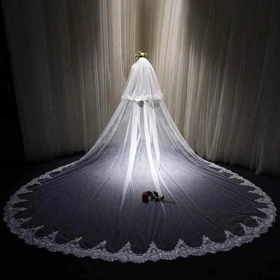 Wedding Veil Women's Long Veil 2 Tier Veil with Comb 4 Meters Long Drawn Hem Maria Veil Bridal Headdress Hair Ornament Ceremony Wedding Reception Photography Church Chapel Lace Bride Hair Accessory White White