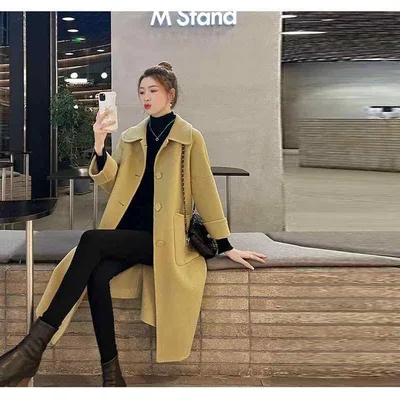 Coat Women's Winter Autumn/Winter Long Length Double Face Double Face Coat Chester Coat Stainless Steel Collar Coat Pea Coat Wool Wool Warm Outerwear Jacket Luxury Yellow Loose Body Covering Slimming Look Slender Large Size Cold Protection Everyday Use