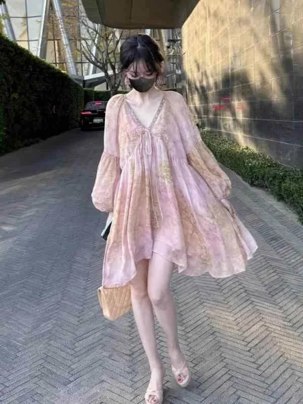 ワンピース レディース フレンチ Vネック シフォン 花柄 夏用 ランタンスリーブ エレガント フェミニン 軽量 通勤 普段使い ビッグシルエット