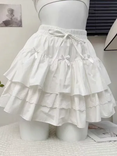 スカート レディース 大きいサイズ プラスサイズ 体型カバー ミニスカート ショート丈 純白 フリル ティアード ケーキスカート かわいい バレエコア ガーリー レース 切り替え ゆったり 着痩せ 部屋着 普段使い お出かけ 散歩 デート 通勤 通学 シ