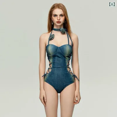 ワンピース水着 レディース 体型カバー 大きいサイズ ゆったり おしゃれ かわいい レトロ アメリカン セクシー デニム プリント 引き締め 紐付き ハイウエスト ウエストマーク スタイルアップ 細見え 着痩せ 温泉 旅行 ビーチ プール アウトドア