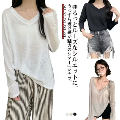 白 ロンT シアートップス シースルー トップス tシャツ シアートップス ロンT レイヤード 長袖 インナー 薄手 vネッ