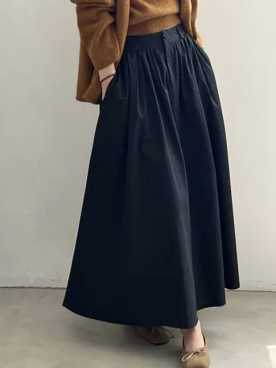 送料無料 スカート ロングスカート マキシ丈 レディース ロングスカート ボトムス コットン マキシスカート Aラインスカート フレアスカート 無地 ウエストゴム オーバーサイズ ゆったり ボリューム感 大きいサイズ 体型カバー