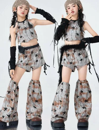 送料無料 おしゃれ チア 女の子 チアガール 服 韓国 k-pop キッズ ダンス衣装 セットアップ jazz hiphop ショート丈トップ タンクトップ キャミソール ゆったり ピッタリ トップス ヒップホップ ジャズダンス 発表会 演出服 団体服 練習着 お洒落 ファッション 派手