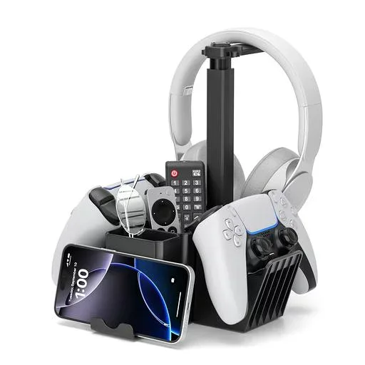 KDD 5-in-1 コントローラースタンド ヘッドホンスタンド ゲームコントローラー 2 台同時収納 PS5/PS4/Xbox 対応 ヘッドフォン掛け スマートフォンホルダー ペン立て付き ケーブルホルダー付 ABS …