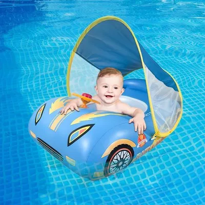 子供 浮き輪 ベビー浮き輪 ベビーフロート 足入れ 車の形 可愛い 取り外し可能なサンシェード キッズ 男の子 女の子 海 プール 水遊び アウトドア (青)