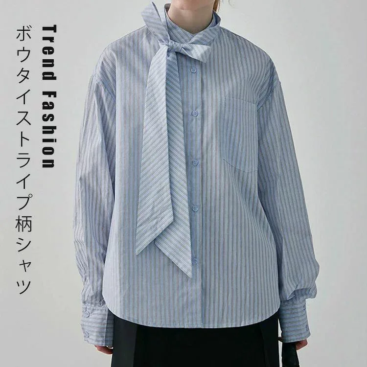 ブラウス ボウタイ リボン ブルー レディース トップス シャツ ストライプ シャツブラウス ストライプシャツ ボウタイブラウス 長袖 フォーマル オフィス セレモニー きれいめ ゆったり 大きいサイズ 体型カバー オフィスカジュアル 入学式 卒業式 綿 コットン 春夏