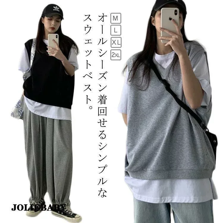 ジレ Vネック レディース プルオーバー 重ね着 チョッキ ベスト ノースリーブパーカー 夏 春 トップス トレーナー ベスト ゆったり レイヤード