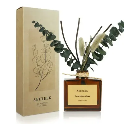 Aeeteek リードディフューザー セージ & ユーカリ ドライフラワー付き 100ml エッセンシャルオイル 長持ち芳香剤 バスルーム・オフィス用 インテリア雑貨