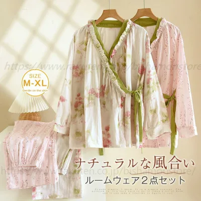 ガーゼ パジャマ レディース ダブルガーゼ ルームウェア 春 夏 秋 長袖 花柄 総柄 ロングパンツ vネック 長ズボン ウエストゴム 部屋着 セットアップ 2点セット 寝間着 寝巻き 上下セット プルオーバー 大人 2重ガーゼ 可愛い ガーゼコットン 柔軟 柔らかい 送料無料