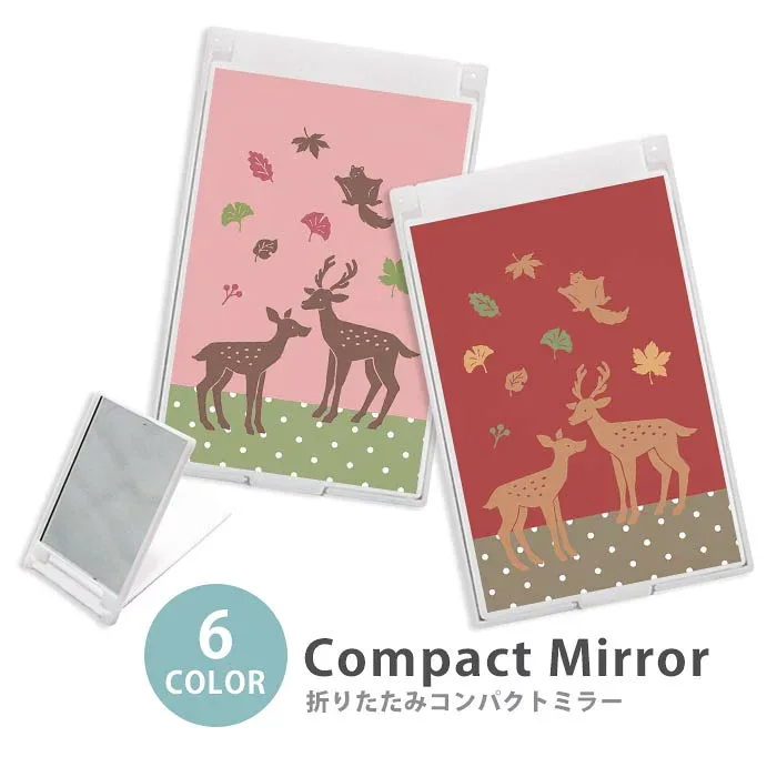 ミラー コンパクトミラー 折りたたみ スリム 鹿 小鹿 ムササビ モモンガ 落ち葉 紅葉 もみじ 奈良 大人かわいい ミニミラー かわいい 可愛い オシャレ 韓国 かわいい