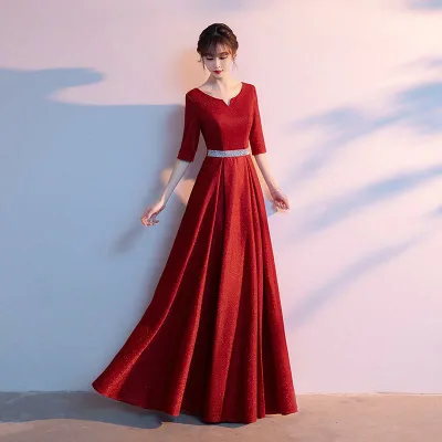 ワンピース レディース ロング ドレス 合唱 演奏会 発表会 司会 カラードレス Aライン 半袖 五分袖 Aライン ハイウエスト 美脚 脚長 細見え レッド ブルー