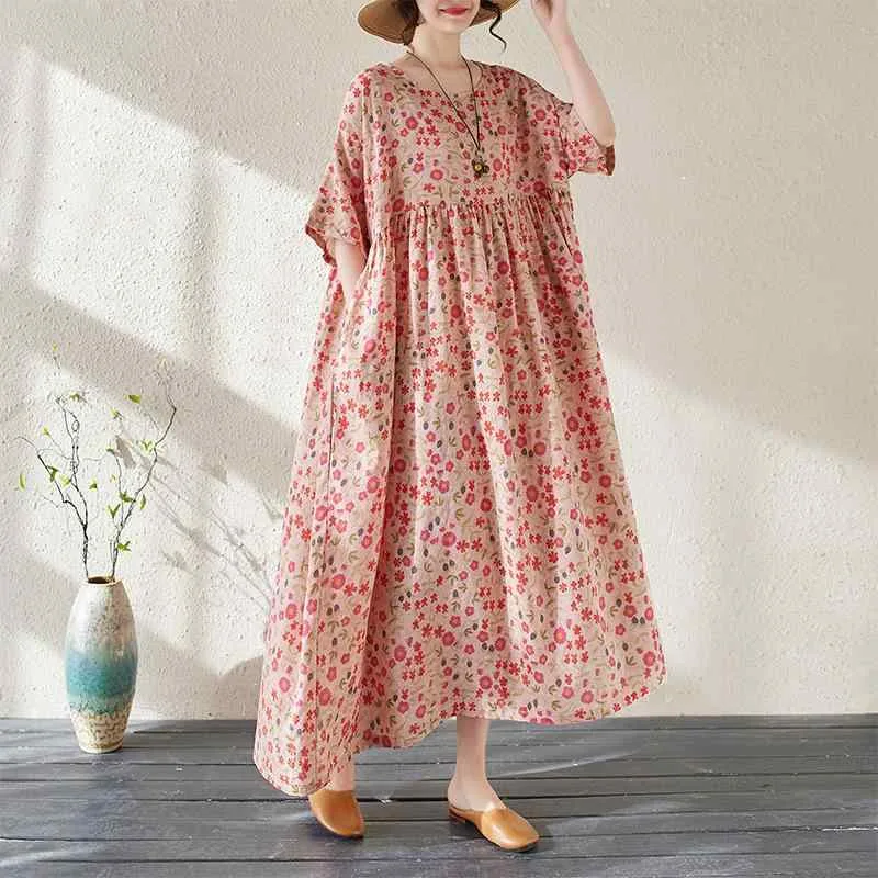 ワンピース レディース 大きいサイズ ママ服 ゆったり コットン 接触冷感 軽量 薄手 快適 涼しい 花柄 膝下丈 丸首 五分袖 体型カバー レトロ クラシック カジュアル リゾート 部屋着 ルームウェア ピンク