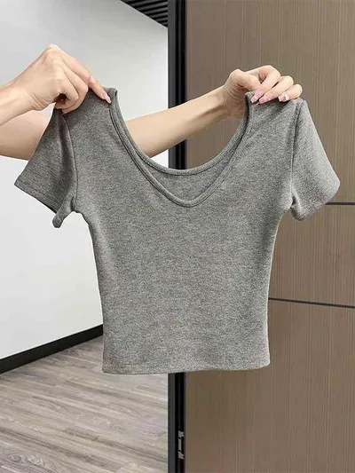 Tシャツ レディース ショート丈 半袖 Vネック Uネック 前後2Way デコルテ見え コットン トップス 無地 フィット タイト シンプル カジュアル へそ出し 春夏