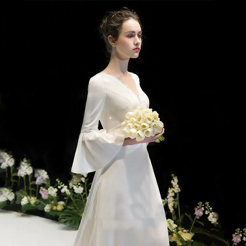 Women's Wedding Dress, Long A-Line, Bell Sleeves, Satin, Deep V-Neck, Open Back, High Look, Formal Party Dress, For Invitations, After-Party, Reception, Pre-Photoshoot, Concert, Recital, Elegant White