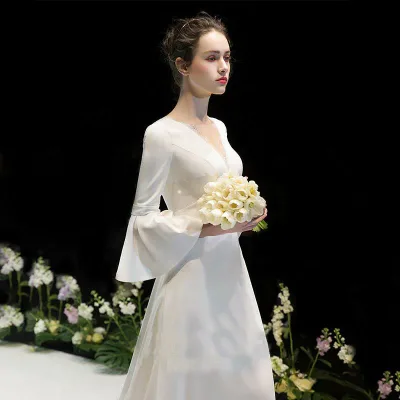 Women's Wedding Dress, Long A-Line, Bell Sleeves, Satin, Deep V-Neck, Open Back, High Look, Formal Party Dress, For Invitations, After-Party, Reception, Pre-Photoshoot, Concert, Recital, Elegant White