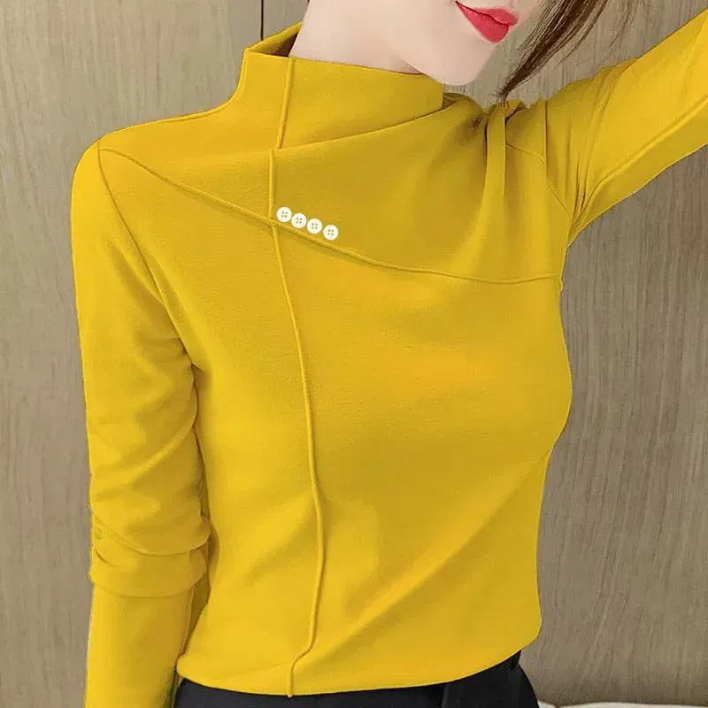 Tシャツ レディース 秋冬 長袖 切り替え ハイネック ボトルネック 無地 トップス カットソー インナー プルオーバー ボタン 伸縮性 カジュアル 通勤 通学 着やせ 暖かい