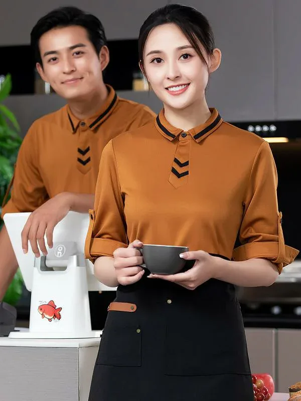 Tシャツ ユニセックス 飲食店 制服 長袖 襟付き 吸汗速乾 ワークウェア ホテル カフェ レストラン フードサービス ワーキングウエア カジュアル シンプル 無地 オールシーズン