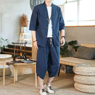セットアップ メンズ 夏 7分袖 カーディガン チャイナ風 サルエルパンツ 部屋着 カジュアル ゆったり 大きいサイズ 綿麻風 薄手