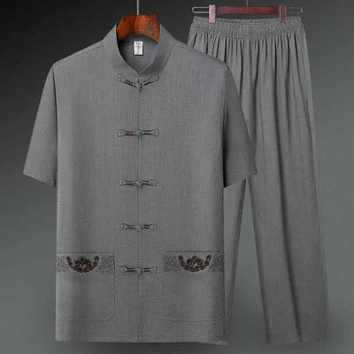 セットアップ メンズ チャイナ服 カジュアルスーツ 半袖 シャツ ロングパンツ リネン コットンリネン 通気性 軽量 薄手 刺しゅう 普段着 部屋着 敬老の日 父の日 ギフト 贈り物 プレゼント