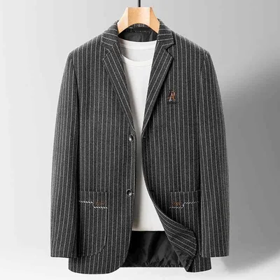 テーラードジャケット メンズ 春秋 ストライプ 長袖 紳士服 ビジネス カジュアル シングル アウター 軽量 イージーケア
