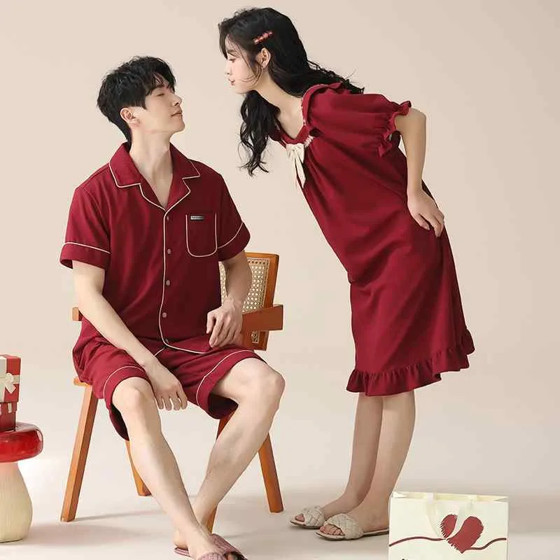 Pajamas Women's Men's Pair Room Wear Spring/Summer Short Sleeve Cotton Breathable Loungewear Dress Shorts Open Front Collar Matching Couple Wedding Gift Red