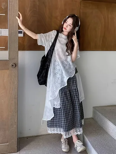 【透かし編み】 レース Tシャツ レディース 半袖 夏 トップス 総レース フリル デザイン クルーネック 重ね着 透け感 フェミニン 上品 大人可愛い