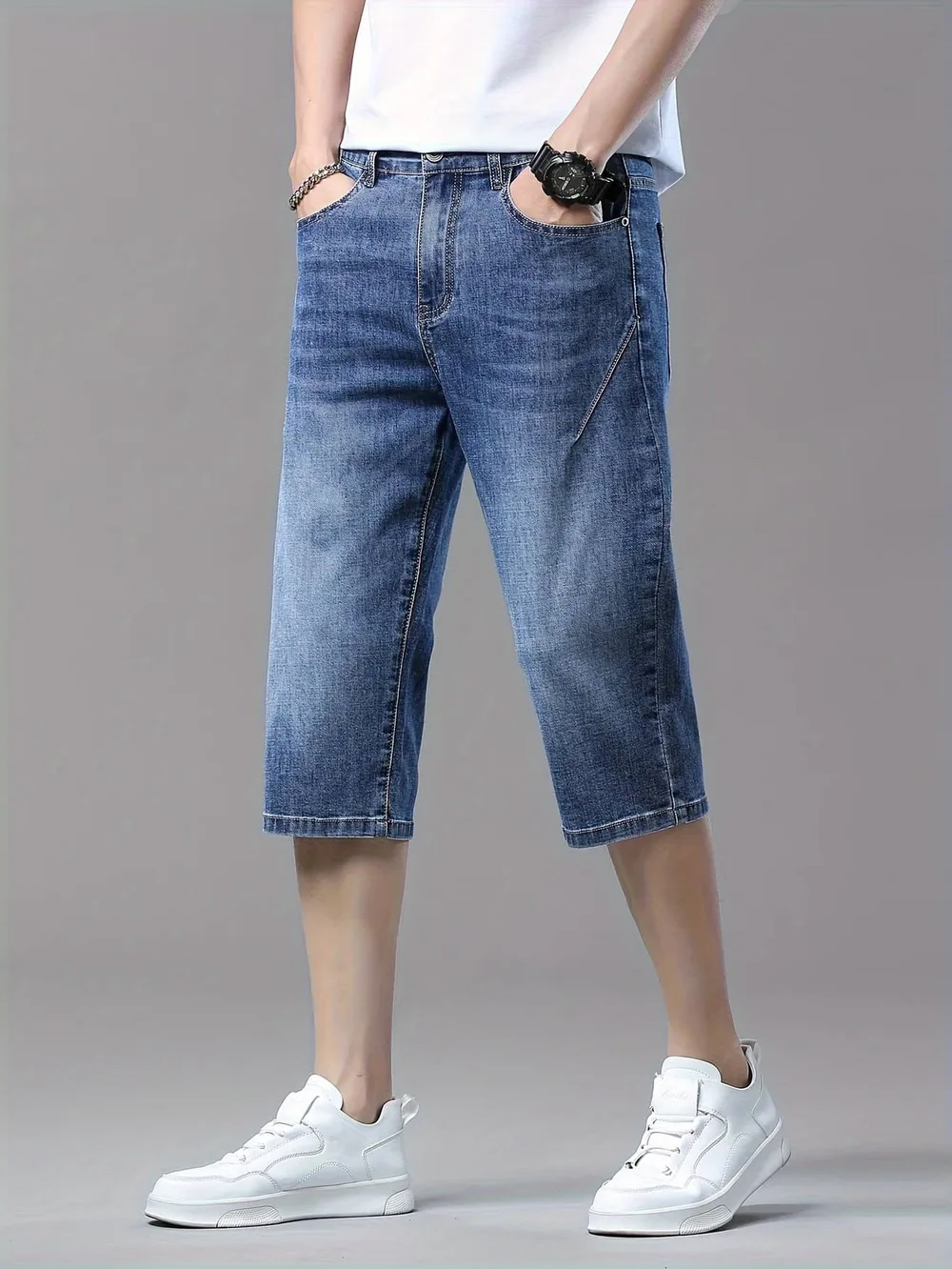 【驚きの伸縮性】デニムパンツ メンズ ハーフパンツ クロップドパンツ 7分丈 膝下 ジーンズ ストレッチ ジーパン ショートパンツ ボトムス 短パン 半ズボン デニム カジュアル 春 夏 夏用 涼しい 薄手 通気性 動きやすい 楽ちん ゆったり ストレート 大きいサイズ 30代