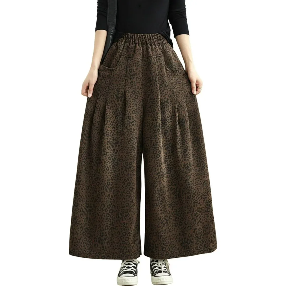 【レオパード柄】ワイドパンツ レディース ヒョウ柄 ボトムス ズボン ハイウエスト ウエストゴム ゆったり 体型カバー 着痩せ 脚長効果 ガウチョパンツ ロングパンツ タックパンツ デニム風 アニマル柄 総柄 大きいサイズ ぽっちゃり カジュアル ストリート 大人可愛い