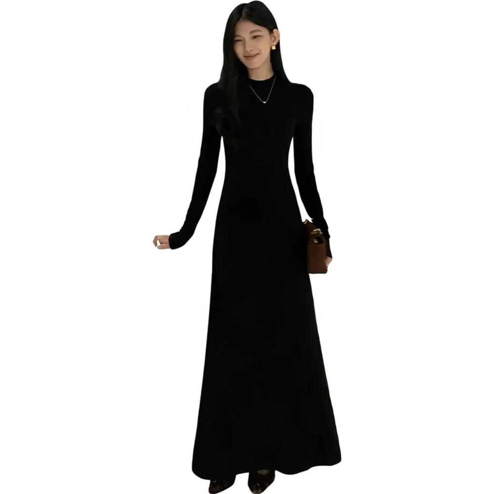 【美シルエット】 ニットワンピース ロング レディース ハイネック マキシ丈 Aライン 着痩せ 長袖 黒 ロングワンピース ニット ワンピ 伸縮 ストレッチ リブニット タートルネック モックネック 体型カバー 細見え 裾広がり 無地 シンプル 大人可愛い オフィス 通勤 OL