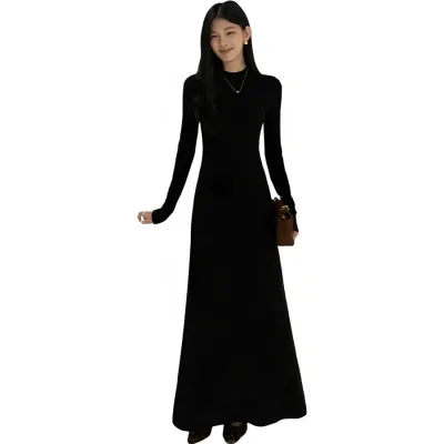 【美シルエット】 ニットワンピース ロング レディース ハイネック マキシ丈 Aライン 着痩せ 長袖 黒 ロングワンピース ニット ワンピ 伸縮 ストレッチ リブニット タートルネック モックネック 体型カバー 細見え 裾広がり 無地 シンプル 大人可愛い オフィス 通勤 OL