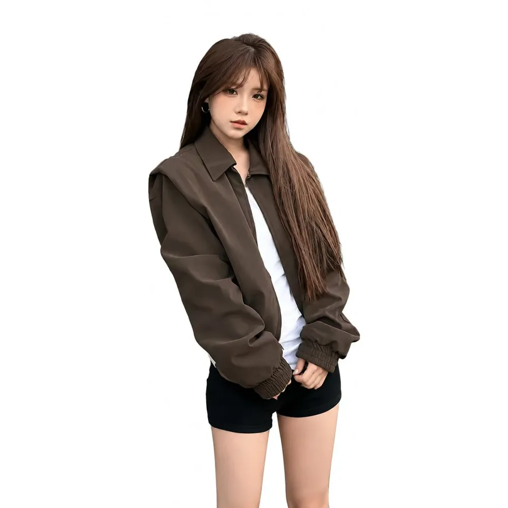 ブルゾン レディース ショート丈 スイングトップ カジュアルジャケット 春秋 ドロップショルダー 襟付き ジップアップ 韓国スタイル ストリート系 羽織り 薄手アウター