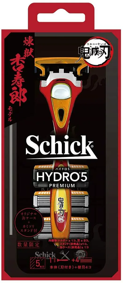 Schick(シック) 鬼滅の刃 煉獄杏寿郎 モデル ハイドロ5 プレミアム ホルダー (刃付き + 替刃4コ) カミソリスタンド&缶ケース付