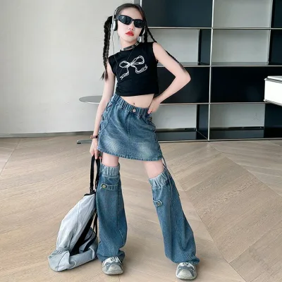 k-pop キッズ ダンス衣装 衣装 デニム レッグウォーマー デニムレッグウォーマー セットアップ 女の子 ジャズダンス 衣装 キッズ へそ出し トップス ヒップホップ ベスト スカート 発表会