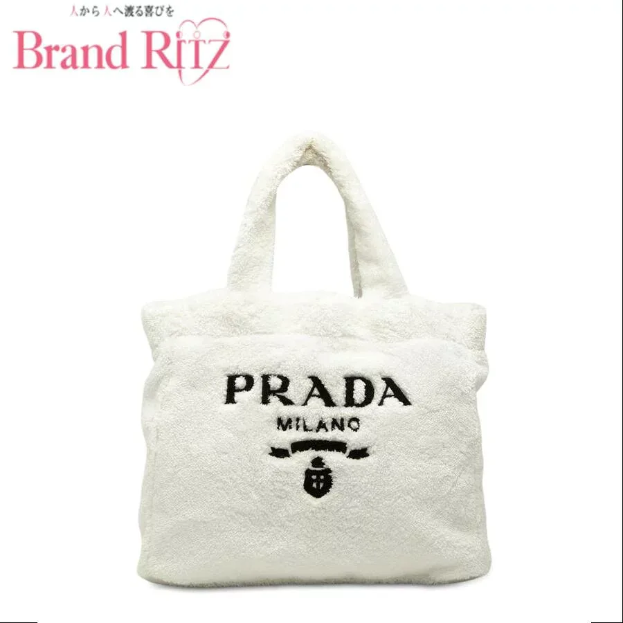 中古 プラダ 三角ロゴプレート トートバッグ ハンドバッグ ホワイト パイル レディース PRADA あす楽【送料無料】【明石店】