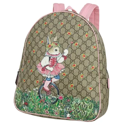 【超美品】 グッチ バックパック チルドレンズ ヒグチユウコ コラボ ウサギ 一輪車 花柄 GGスプリーム レザー ベージュ ピンク GUCCI グッチ リュックサック レディース フラワー GGロゴ デイバッグ ショルダーバッグ バック BAG ブランド 中古