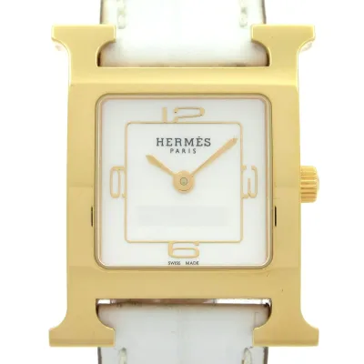 【新着】【中古】HERMES(エルメス) Hウォッチ 腕時計 SS/シェル文字盤/W刻印/アリゲーターベルト ホワイトシェル