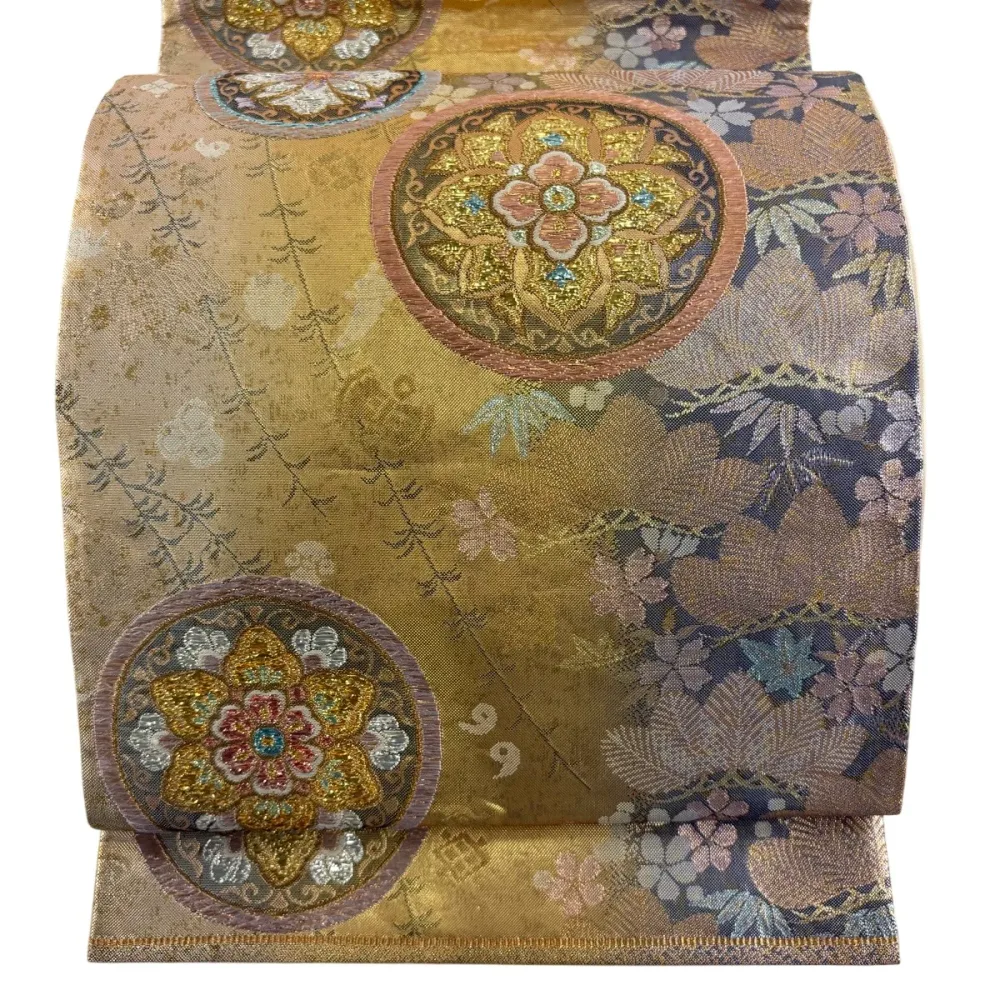 【在庫一掃】 袋帯 名品 関西仕立て 華文 笠松 金糸 箔 金色 六通 正絹 【中古】